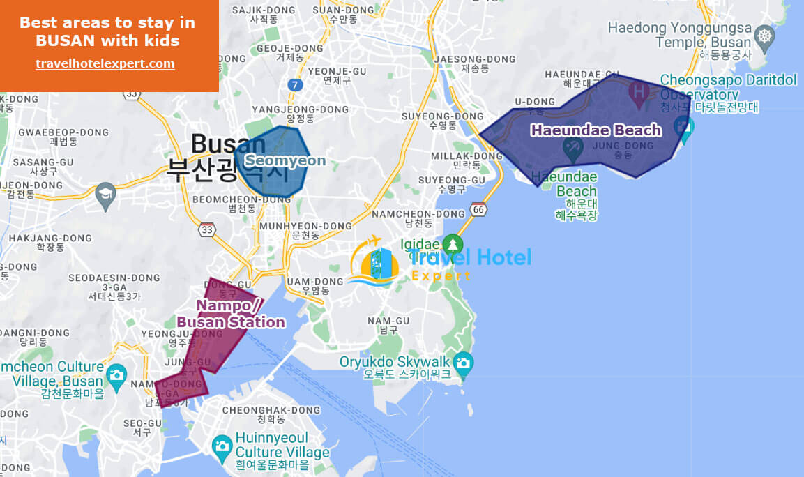 Map of the best areas to stay in Busan for families with kids