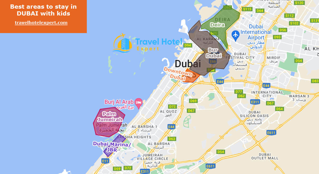 Map of the best areas to stay in Dubai for families with kids
