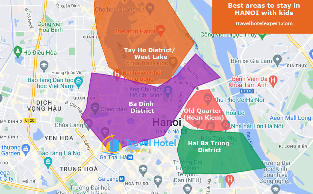 Map of the best areas to stay in Hanoi for families with kids