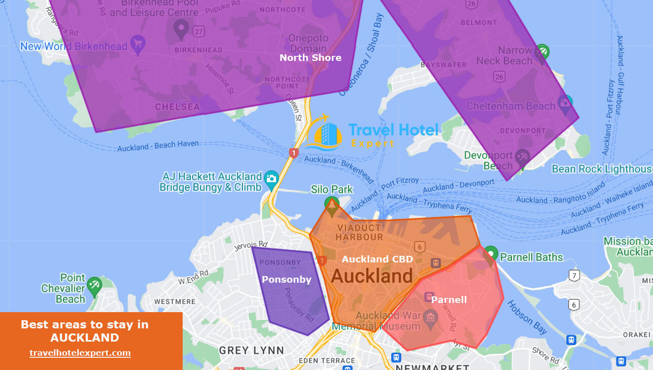 Map of the safe areas to stay in Auckland first time