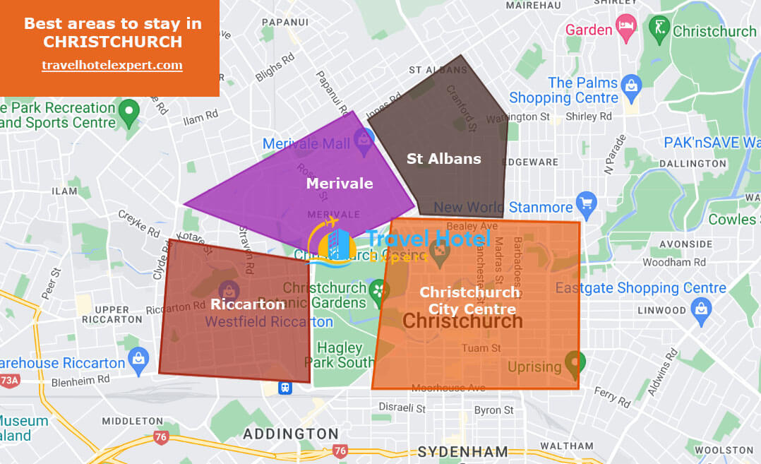 Map of the safe areas to stay in Christchurch first time