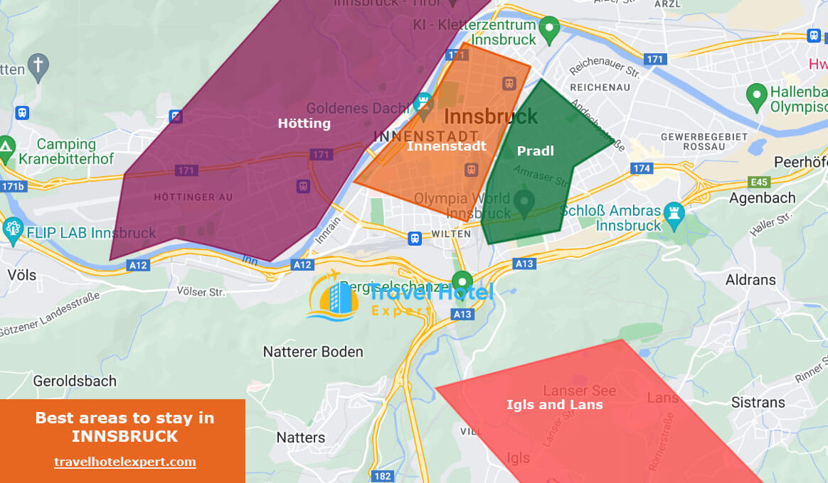 Map of the safe areas to stay in Innsbruck first time