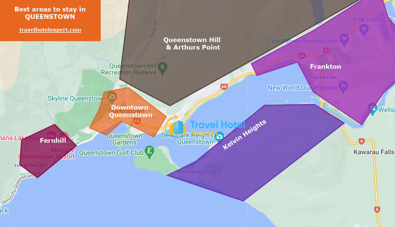 Map of the safe areas to stay in Queenstown first time