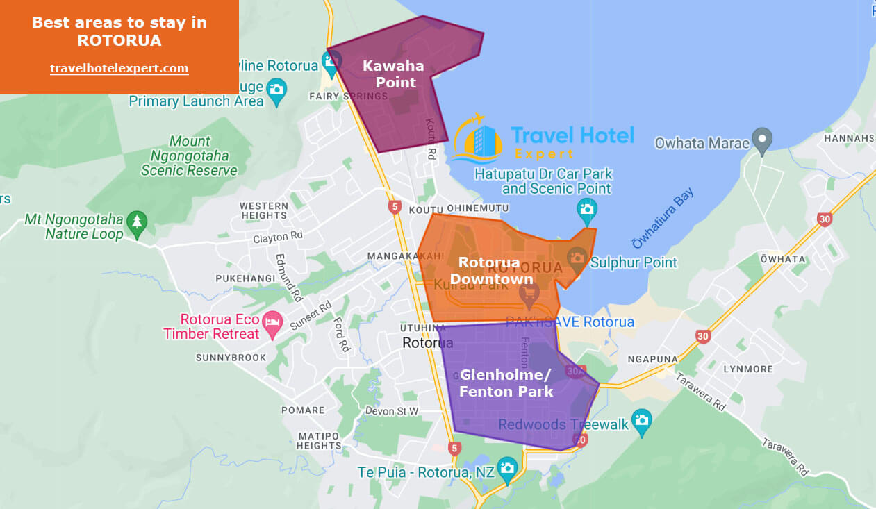 Map of the best areas to stay in Rotorua first time